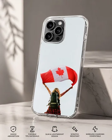 A hiker with a backpack holds up a waving Canadian flag against a pale sky on a phone case — Specs