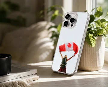 A hiker with a backpack holds up a waving Canadian flag against a pale sky on a phone case — Lifestyle
