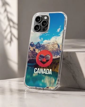 Scenic mountain and lake view with a red heart and maple leaf symbol above the word CANADA on a phone case — Hero