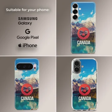 Scenic mountain and lake view with a red heart and maple leaf symbol above the word CANADA on a phone case — Collage