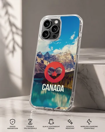 Scenic mountain and lake view with a red heart and maple leaf symbol above the word CANADA on a phone case — Specs