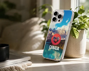 Scenic mountain and lake view with a red heart and maple leaf symbol above the word CANADA on a phone case — Lifestyle