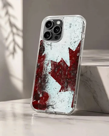 Distressed red and white Canadian flag maple leaf artwork on a phone case