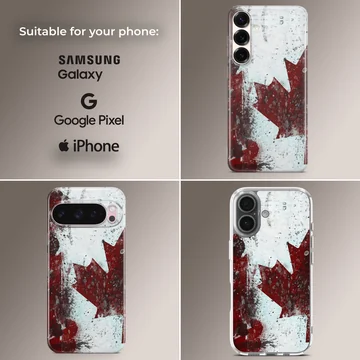 Distressed red and white Canadian flag maple leaf artwork on a phone case — Collage