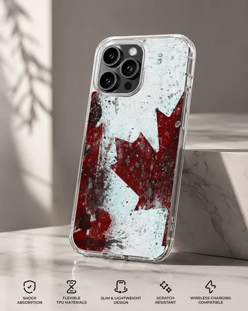 Distressed red and white Canadian flag maple leaf artwork on a phone case — Specs
