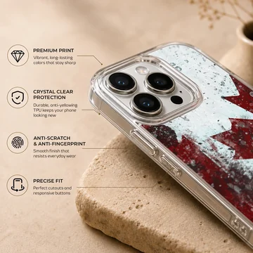 Distressed red and white Canadian flag maple leaf artwork on a phone case — Info