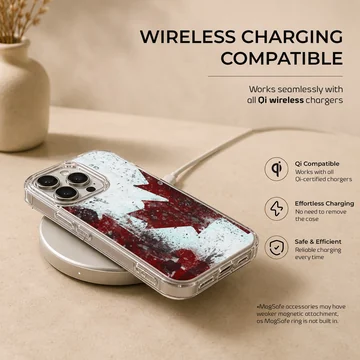 Distressed red and white Canadian flag maple leaf artwork on a phone case — Charging