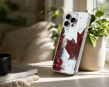 Distressed red and white Canadian flag maple leaf artwork on a phone case — Lifestyle