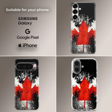 Distressed red and white maple leaf artwork on a black background phone case — Collage