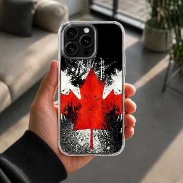 Distressed red and white maple leaf artwork on a black background phone case — Lifestyle