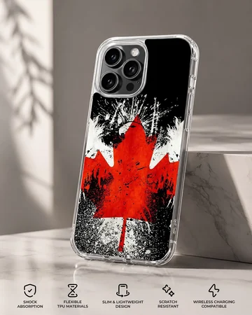 Distressed red and white maple leaf artwork on a black background phone case — Specs