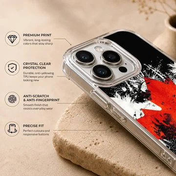 Distressed red and white maple leaf artwork on a black background phone case — Info