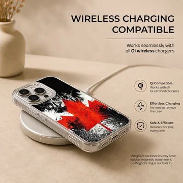 Distressed red and white maple leaf artwork on a black background phone case — Charging