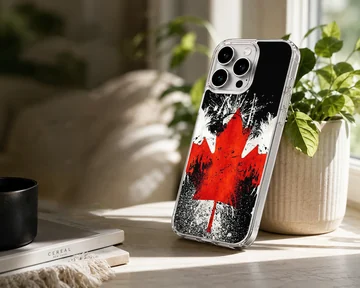 Distressed red and white maple leaf artwork on a black background phone case — Lifestyle