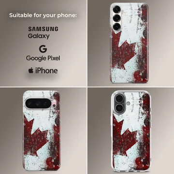 Distressed red maple leaf and Canadian flag artwork printed on a phone case — Collage