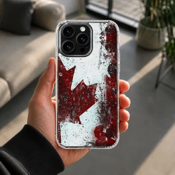 Distressed red maple leaf and Canadian flag artwork printed on a phone case — Lifestyle