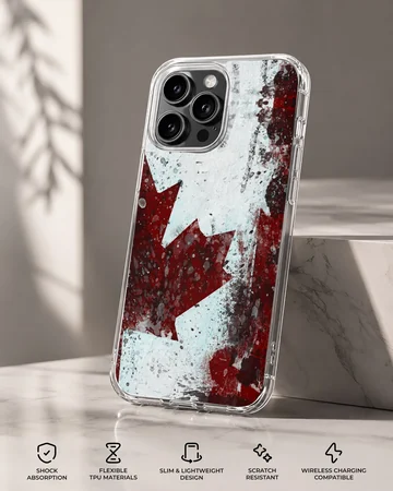 Distressed red maple leaf and Canadian flag artwork printed on a phone case — Specs