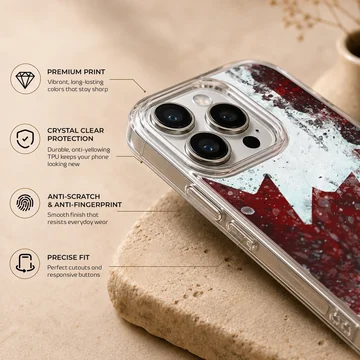 Distressed red maple leaf and Canadian flag artwork printed on a phone case — Info