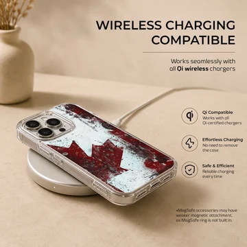 Distressed red maple leaf and Canadian flag artwork printed on a phone case — Charging