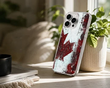 Distressed red maple leaf and Canadian flag artwork printed on a phone case — Lifestyle