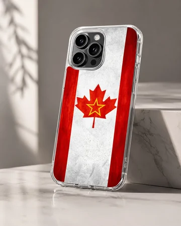 Canadian flag with a yellow star inside the red maple leaf on a phone case — Hero