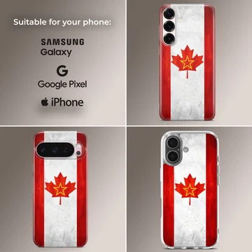 Canadian flag with a yellow star inside the red maple leaf on a phone case — Collage
