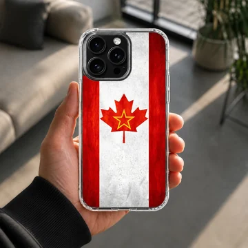 Canadian flag with a yellow star inside the red maple leaf on a phone case — Lifestyle