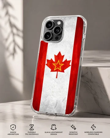 Canadian flag with a yellow star inside the red maple leaf on a phone case — Specs