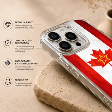Canadian flag with a yellow star inside the red maple leaf on a phone case — Info