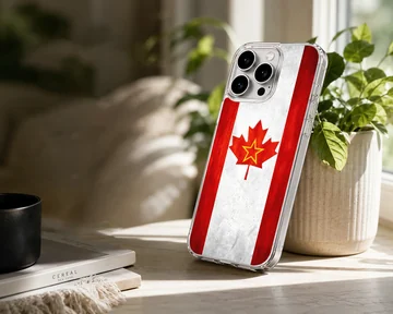 Canadian flag with a yellow star inside the red maple leaf on a phone case — Lifestyle