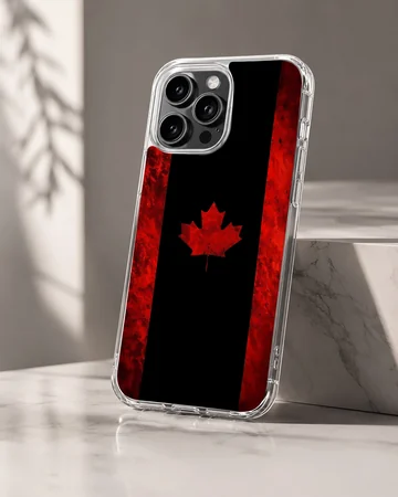 A stylized Canadian flag phone case featuring a bold red maple leaf set against a dark black and textured red background. — Hero