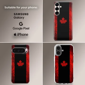 A stylized Canadian flag phone case featuring a bold red maple leaf set against a dark black and textured red background. — Collage