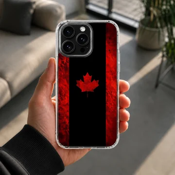 A stylized Canadian flag phone case featuring a bold red maple leaf set against a dark black and textured red background. — Lifestyle