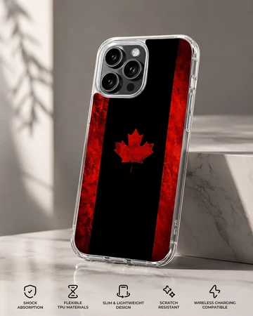 A stylized Canadian flag phone case featuring a bold red maple leaf set against a dark black and textured red background. — Specs