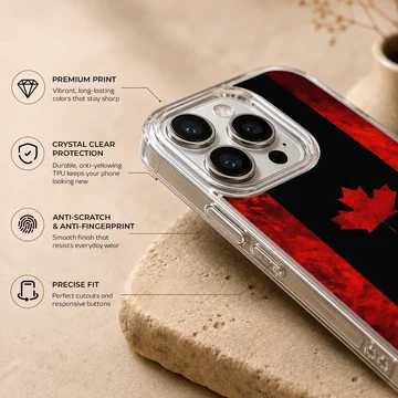 A stylized Canadian flag phone case featuring a bold red maple leaf set against a dark black and textured red background. — Info