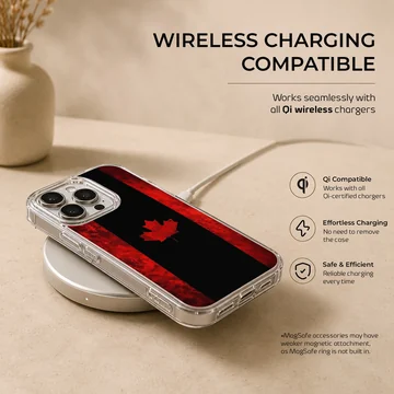 A stylized Canadian flag phone case featuring a bold red maple leaf set against a dark black and textured red background. — Charging