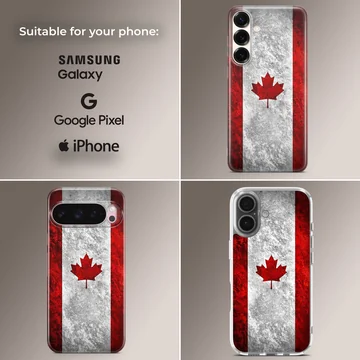 Distressed Canadian flag with a red maple leaf on a phone case — Collage