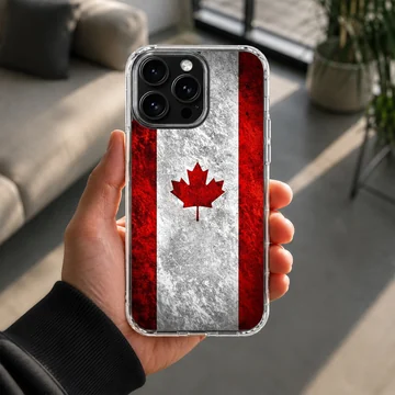 Distressed Canadian flag with a red maple leaf on a phone case — Lifestyle
