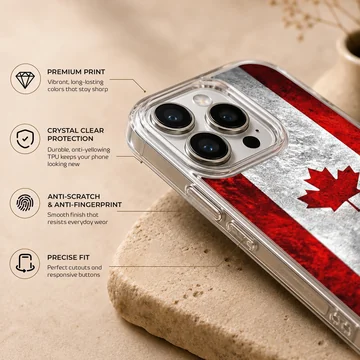 Distressed Canadian flag with a red maple leaf on a phone case — Info