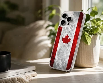 Distressed Canadian flag with a red maple leaf on a phone case — Lifestyle