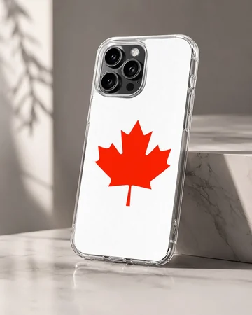 A minimalist white phone case featuring a bold red Canadian maple leaf illustration phone case — Hero
