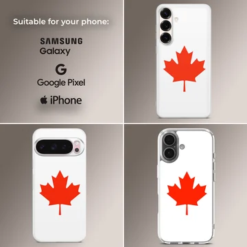 A minimalist white phone case featuring a bold red Canadian maple leaf illustration phone case — Collage