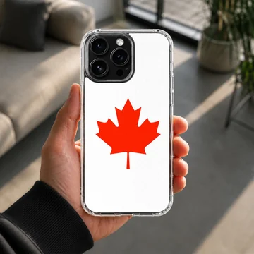 A minimalist white phone case featuring a bold red Canadian maple leaf illustration phone case — Lifestyle