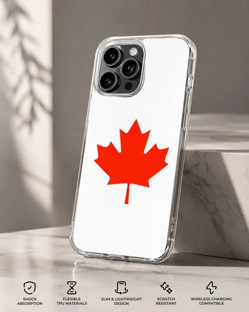 A minimalist white phone case featuring a bold red Canadian maple leaf illustration phone case — Specs