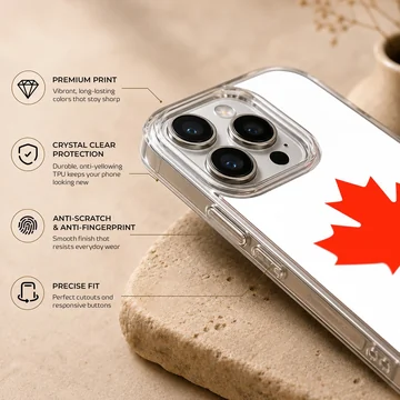 A minimalist white phone case featuring a bold red Canadian maple leaf illustration phone case — Info