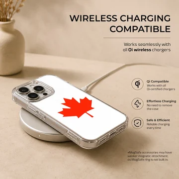 A minimalist white phone case featuring a bold red Canadian maple leaf illustration phone case — Charging
