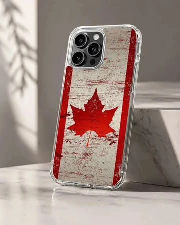 A distressed red and white Canadian flag art print on a phone case