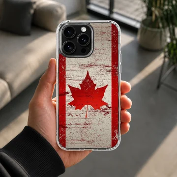 A distressed red and white Canadian flag art print on a phone case — Lifestyle