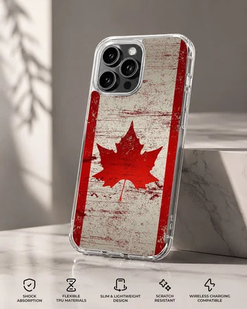 A distressed red and white Canadian flag art print on a phone case — Specs