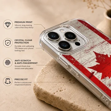 A distressed red and white Canadian flag art print on a phone case — Info